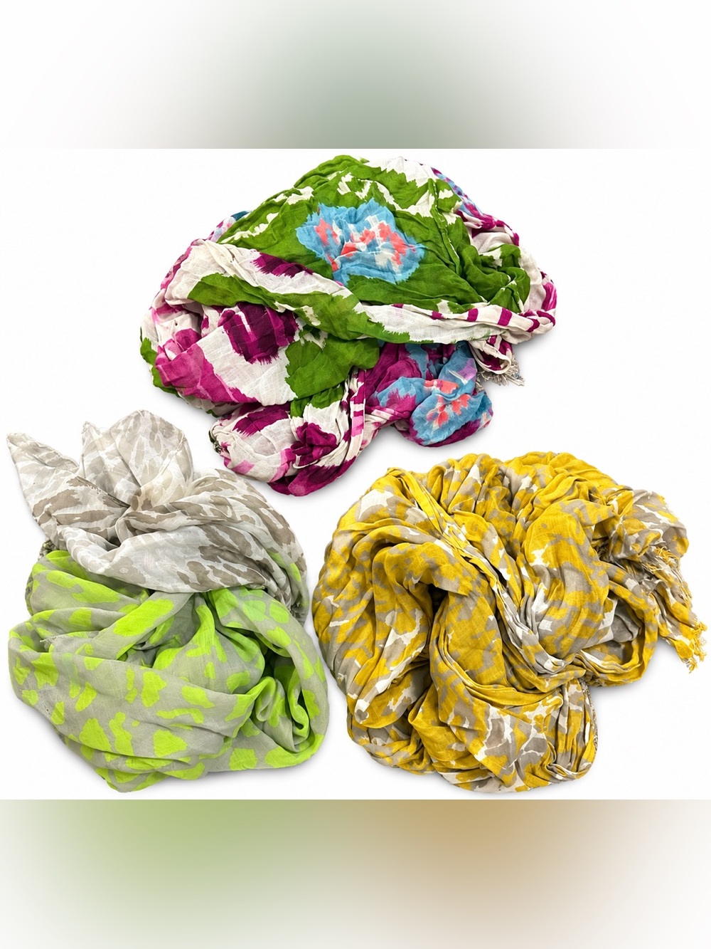 Three-Piece Women's Lightweight Scarf Set β Green, Pink, Yellow Patterns